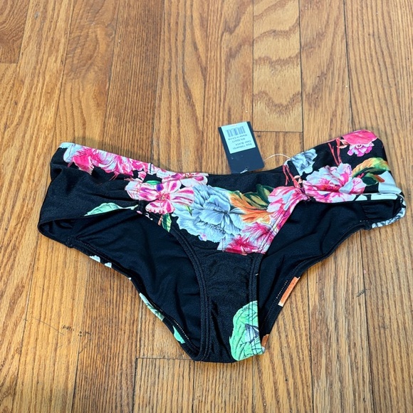 Rachel Roy Ruched-Side Bikini Bottoms Black Pink Floral Small NWT - Picture 2 of 7